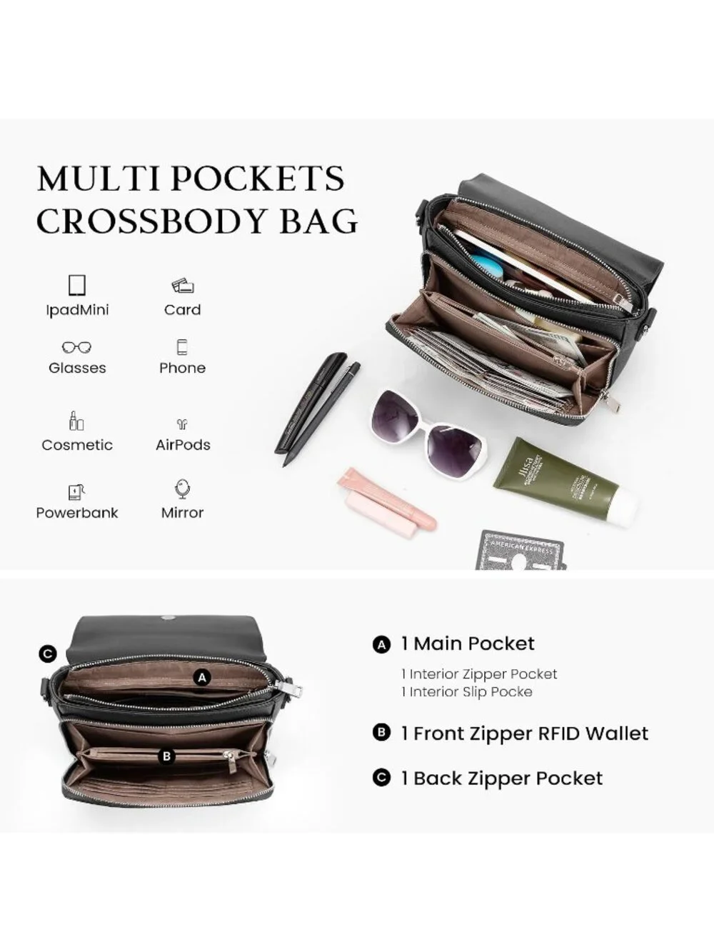 Women's Black Genuine Leather Medium Purse Wallet Travel Crossbody Bag